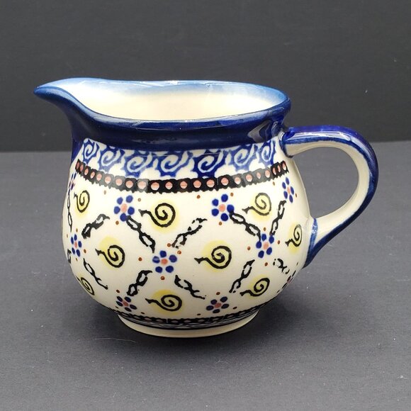 Polish Pottery Bubble Creamer Boleslawiec Blue Yellow Swirl Small Pitcher - Picture 4 of 8